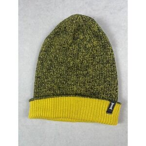 Reversible Knit Beanie Hat Mustard Yellow Olive Green Marled Ribbed Cuffed Logo